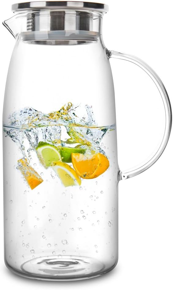 60 Ounces Glass Pitcher with Lid, Hot/Cold Water Jug, Juice and Iced Tea Beverage Carafe