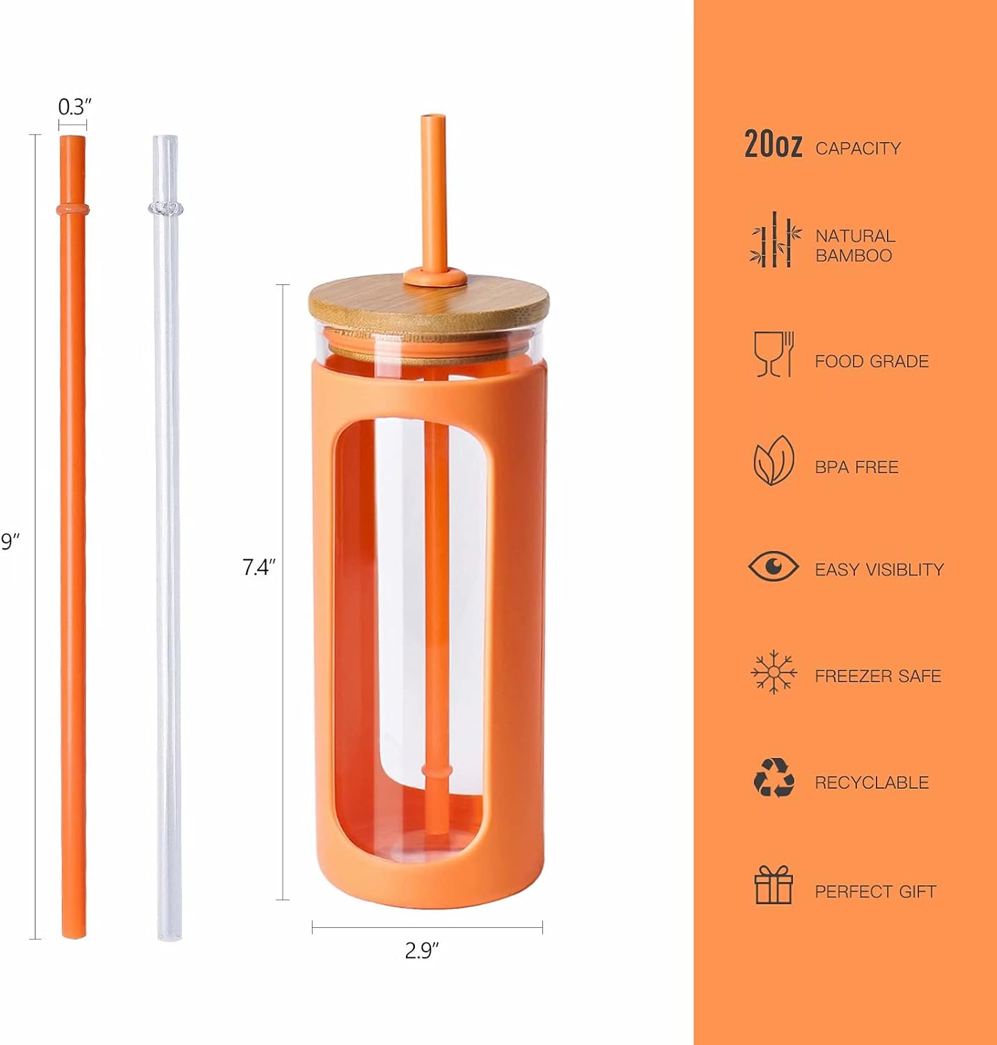 Kodrine 20oz Glass Tumbler with Straw and Lid, Bamboo Lids Water Bottle, Reusable Iced Coffee Cups, Wide Mouth Smoothie Cup with Protective Silicone Sleeve BPA FREE-Orange-2pack
