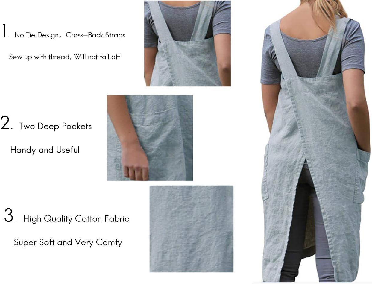 Women's Pinafore Square Apron Baking Cooking Gardening Works Cross Back Cotton/Linen Blend Dress with 2 Pockets