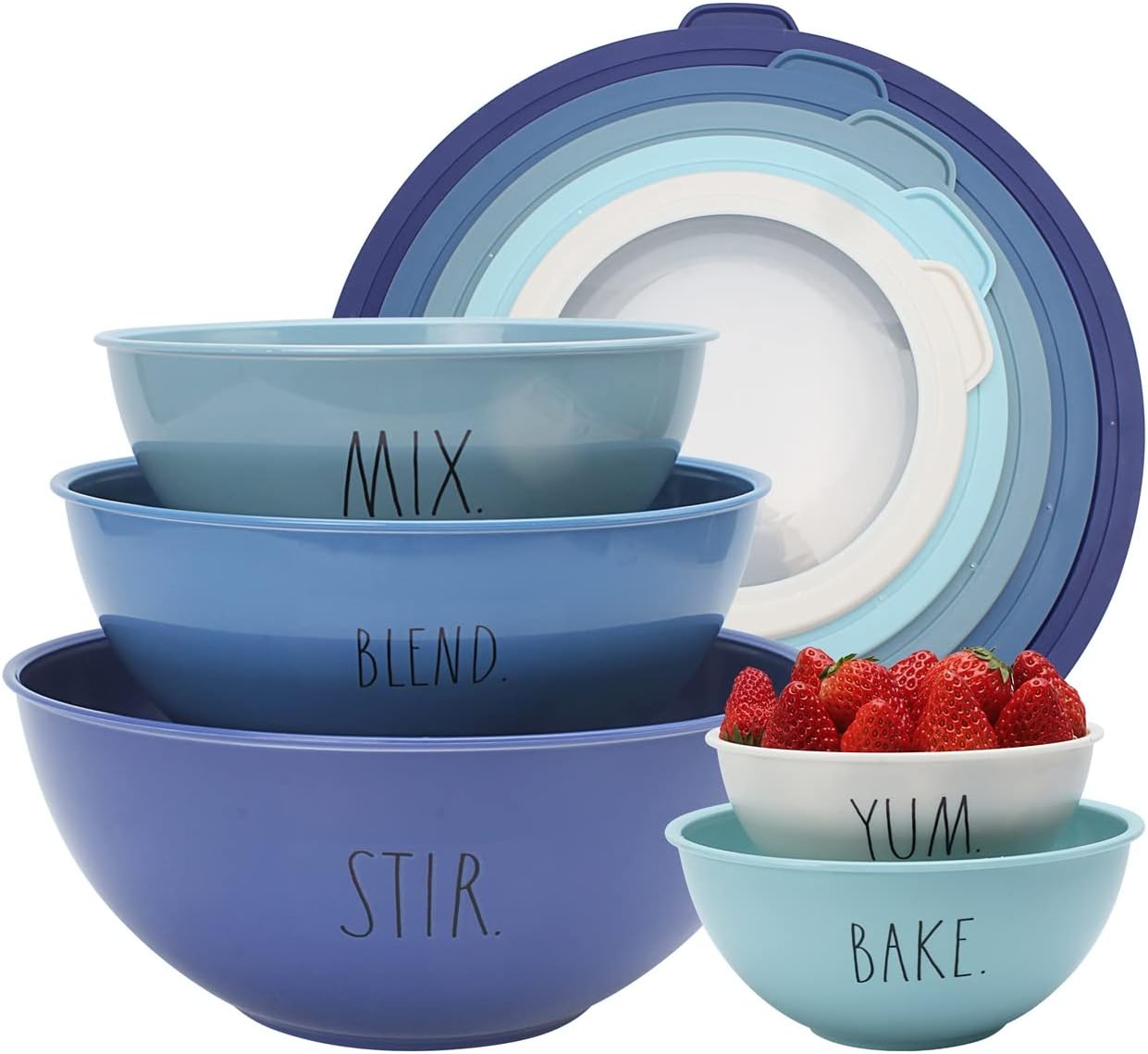 Rae Dunn Mixing Bowls with Lids - 10 Piece Plastic Nesting Bowls Set includes 5 Prep Bowls and 5 Lids (Blue Ombre)
