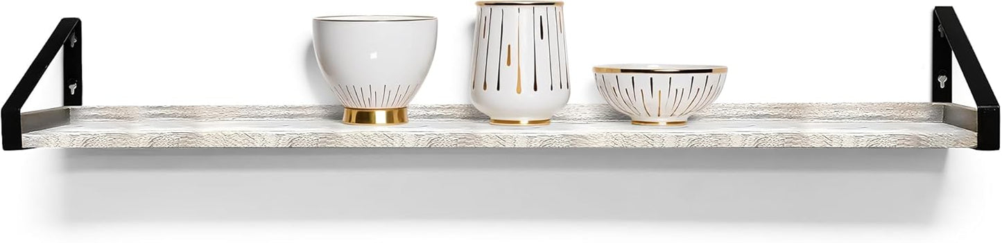 InPlace Shelving, Wall Mounted Real Solid Wood Rustic Bracket Ledge, 5" D x 60" W x 6.1"H, Distressed White, 9602101E