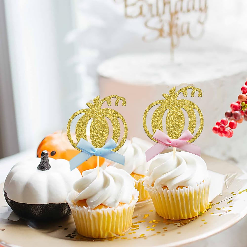 24pcs Pumpkin Gender Reveal Cupcake Toppers - Baby Shower Girl or Boy Party Decorations Supplies, Pumpkin Food Pick (Blue and Pink Bow)