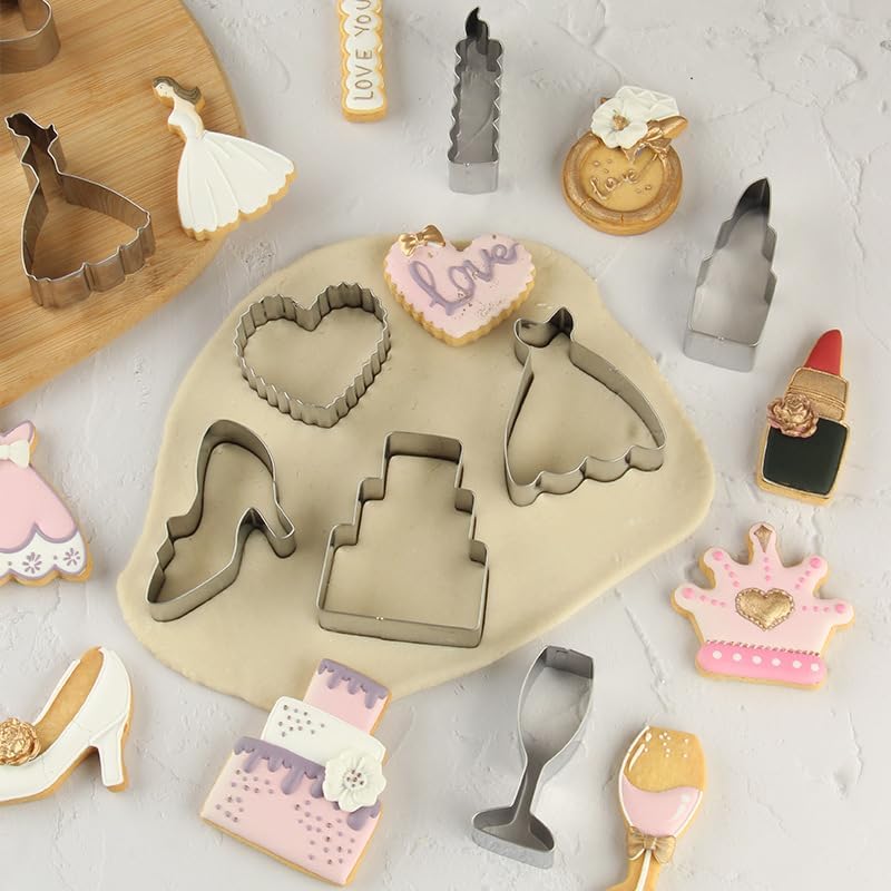 12 Wedding Cookie Cutters Shapes Set for Baking Including Bride and Groom Diamond Ring Wedding Cake Candle Wedding Dress Champagne Glasses Lipstick Heels Etc.