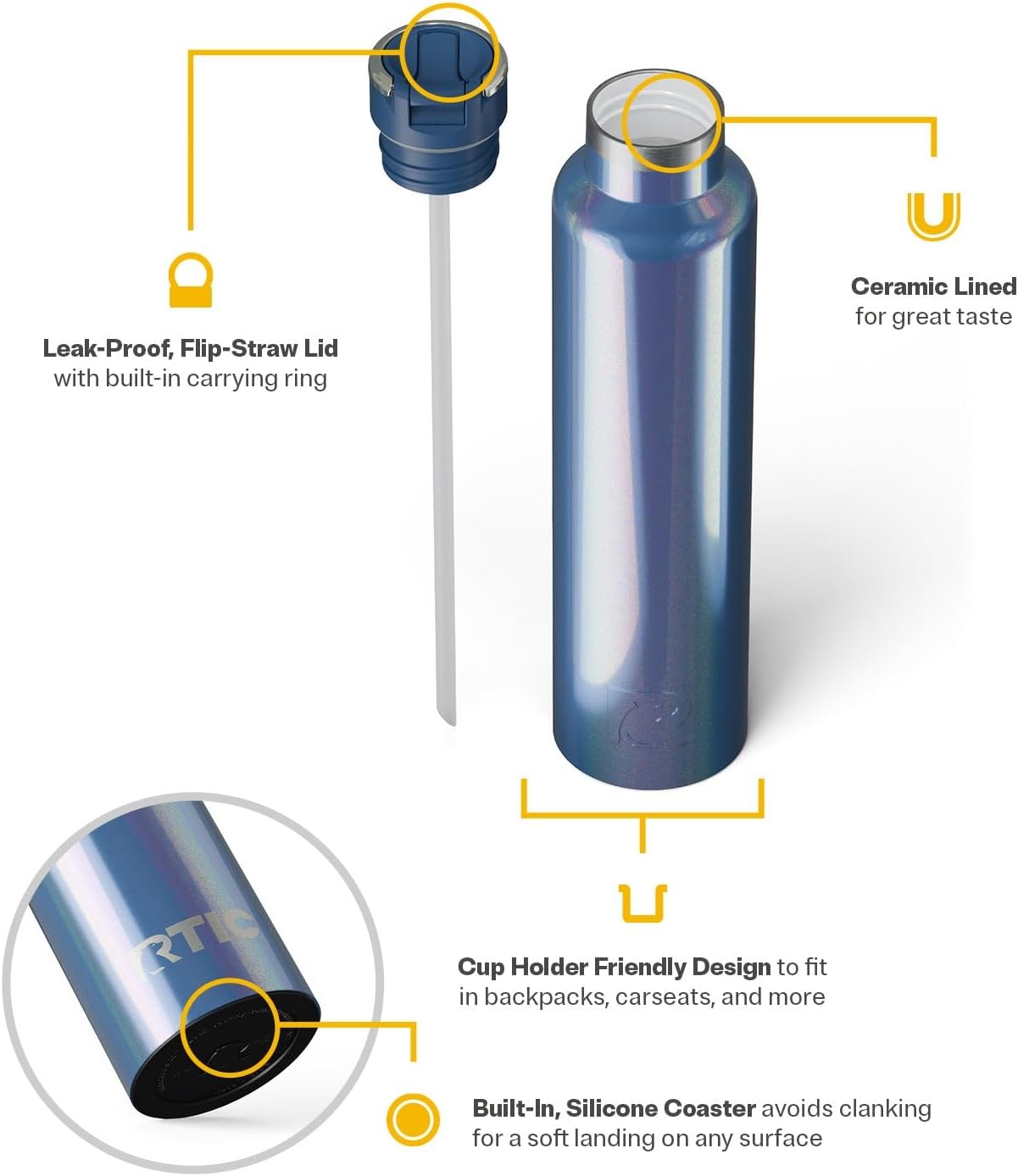 RTIC 26oz Journey Bottle Metal Stainless Steel Vacuum Insulated, BPA Free, Reusable, for Water, Hot and Cold Drinks, Travel, Sports, Camping, Pond Glitter