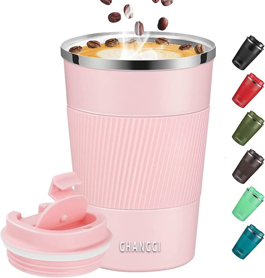 Travel Coffee Mug Spill Proof Leakproof 12 oz Insulated Coffee Mug with Screw Lid, Stainless Steel Vacuum Tumbler Reusable Thermal Coffee Cup to go for Hot and Cold Drinks -380ml, Pink