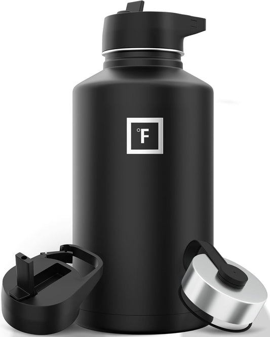 IRON °FLASK Camping & Hiking Hydration Flask with 3 Lids - Stainless Steel, Double Walled & Vacuum Insulated Water Bottle - Leak Proof & BPA Free (Midnight Black, Straw - 64 oz)