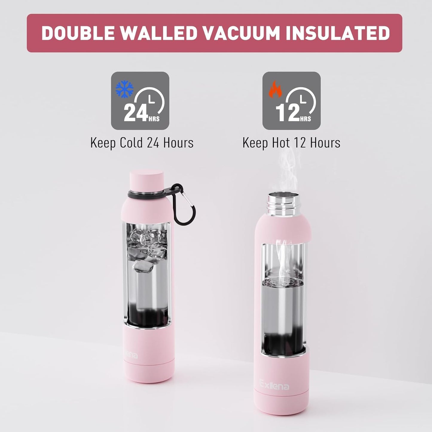 Slim Insulated Water Bottles for Travel 25oz with Clip, Double Wall Vacuum Stainless Steel Water Bottle Keeps Drinks Cold 24 Hrs/Hot 12 Hrs, 100% Leakproof, BPA Free(Pink)
