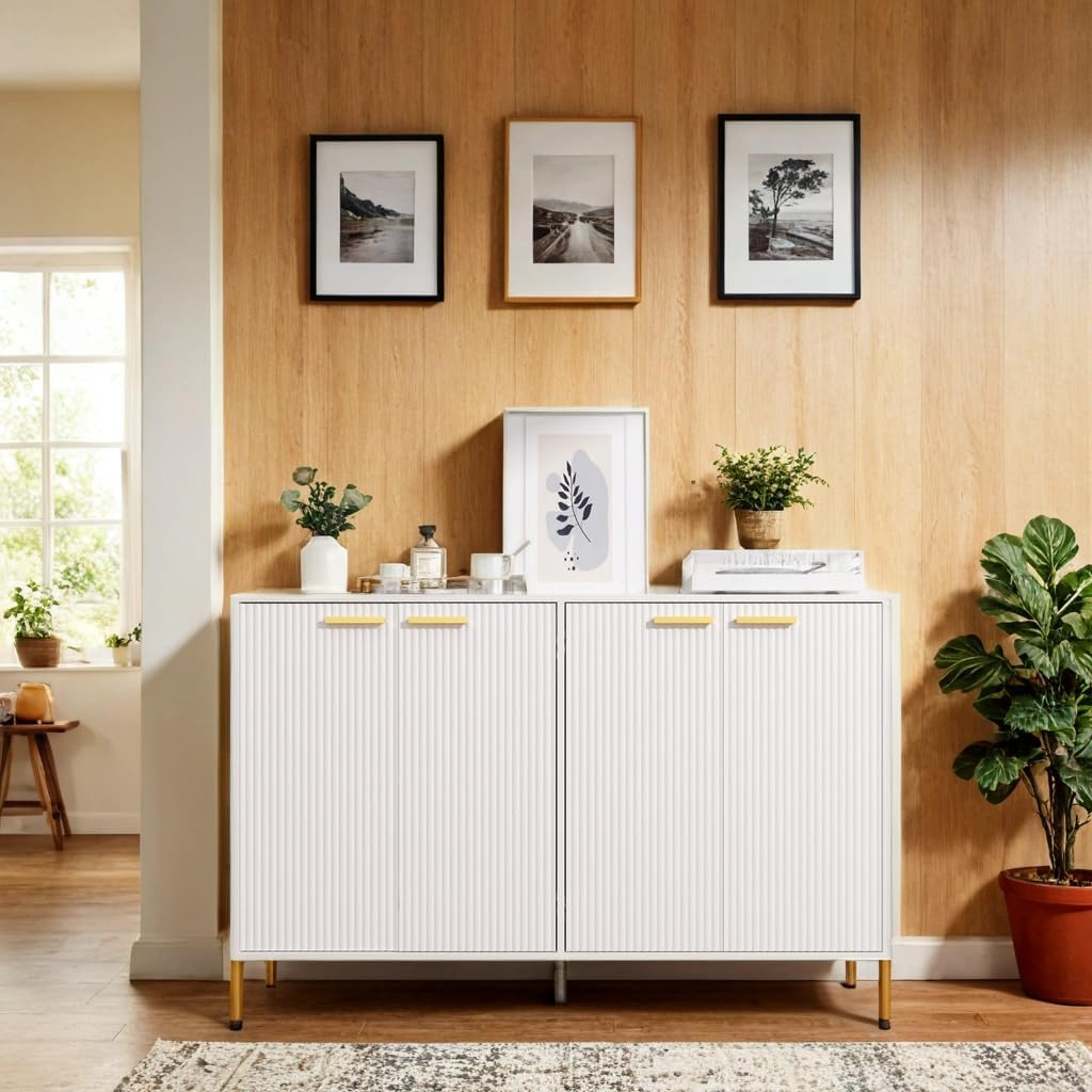 White Fluted Sideboard Cabinet - Luxury Buffet Table with 4 Doors, Large Coffee Bar Station for Living Room, Kitchen, Hallway, Entryway Storage