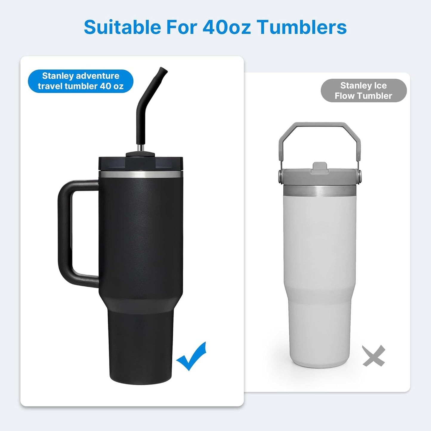 Metal Straw with Silicone Tip for 40oz Stanley Cup, 2 Pcs Stainless Steel Straws Replacement for Stanley 40 oz Adventure Quencher Travel Tumbler Cup, 1 Straw Brush (Black)