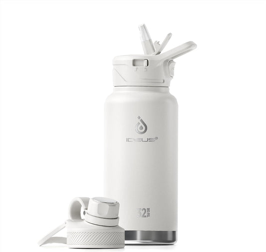 IDEUS Insulated Stainless Steel Water Bottle with 2 Leak-Proof Lids, Thermal Water Flask for Hiking Biking, 32oz, White