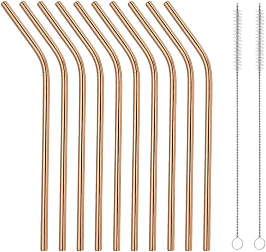 10 Pcs Stainless Steel Straws, Reusable Drinking Straws, Bent Metal Straw Sets with 2 Pcs Cleaning Brushes (Rose Gold, 8.5 Inch)
