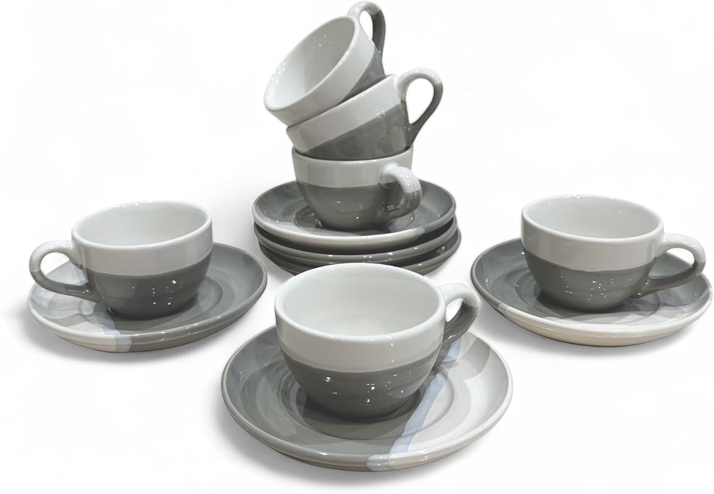 2 Ounce Espresso Cups with Saucers, Mini Ceramic Espresso Cups Set of 6, Espresso Cup Set, Coffee Mug Set for Latte, Macchiato, Demitasse Cups Set for Cafe, Microwave & Dishwasher Safe (Gray)