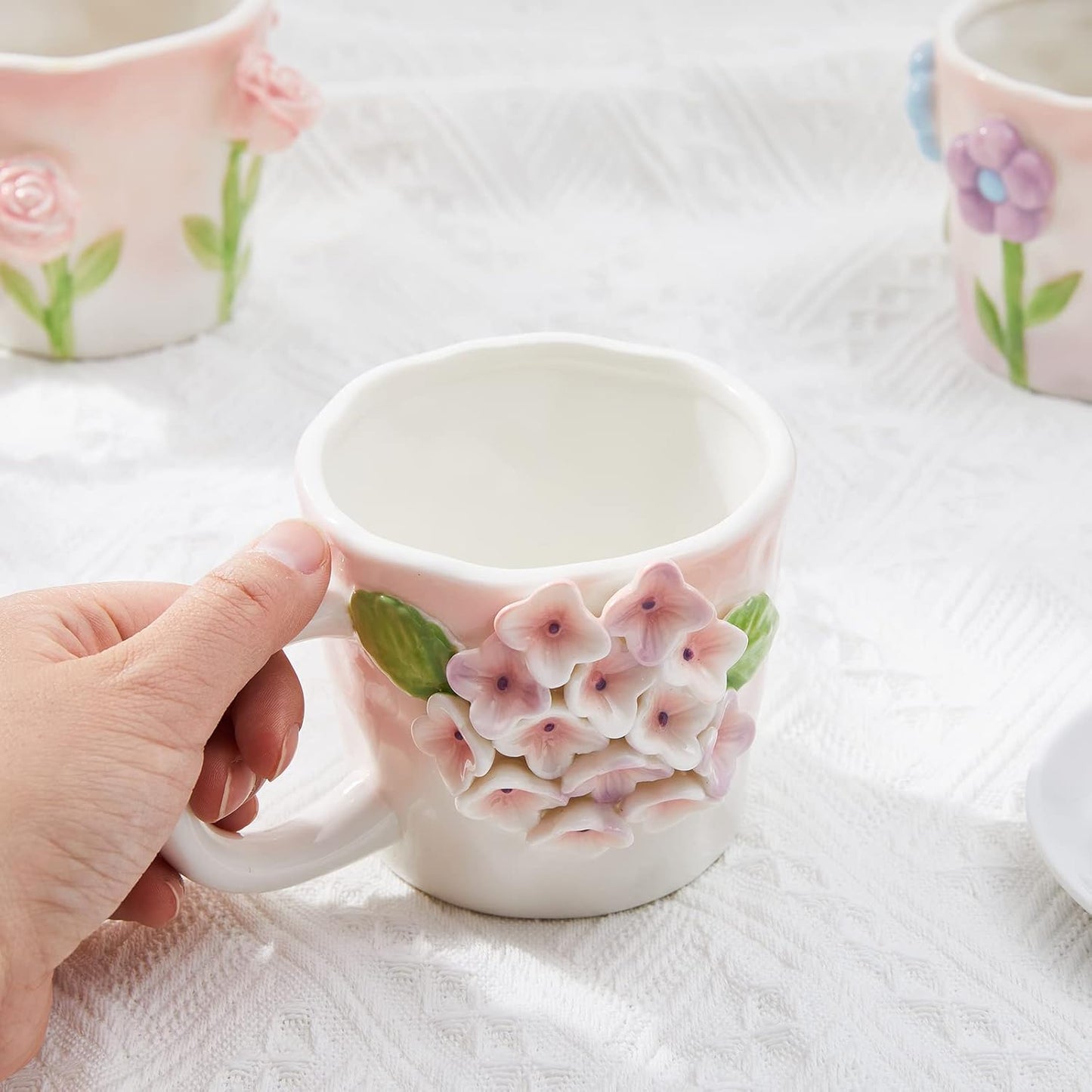 3D Flower Coffee Mug Lily of the Valley Ceramic Cup,12 oz Cute Handmade Mugs,Christmas Birthday Surprise for Friends Family or Flower Lovers (Pink Lily of the Valley)