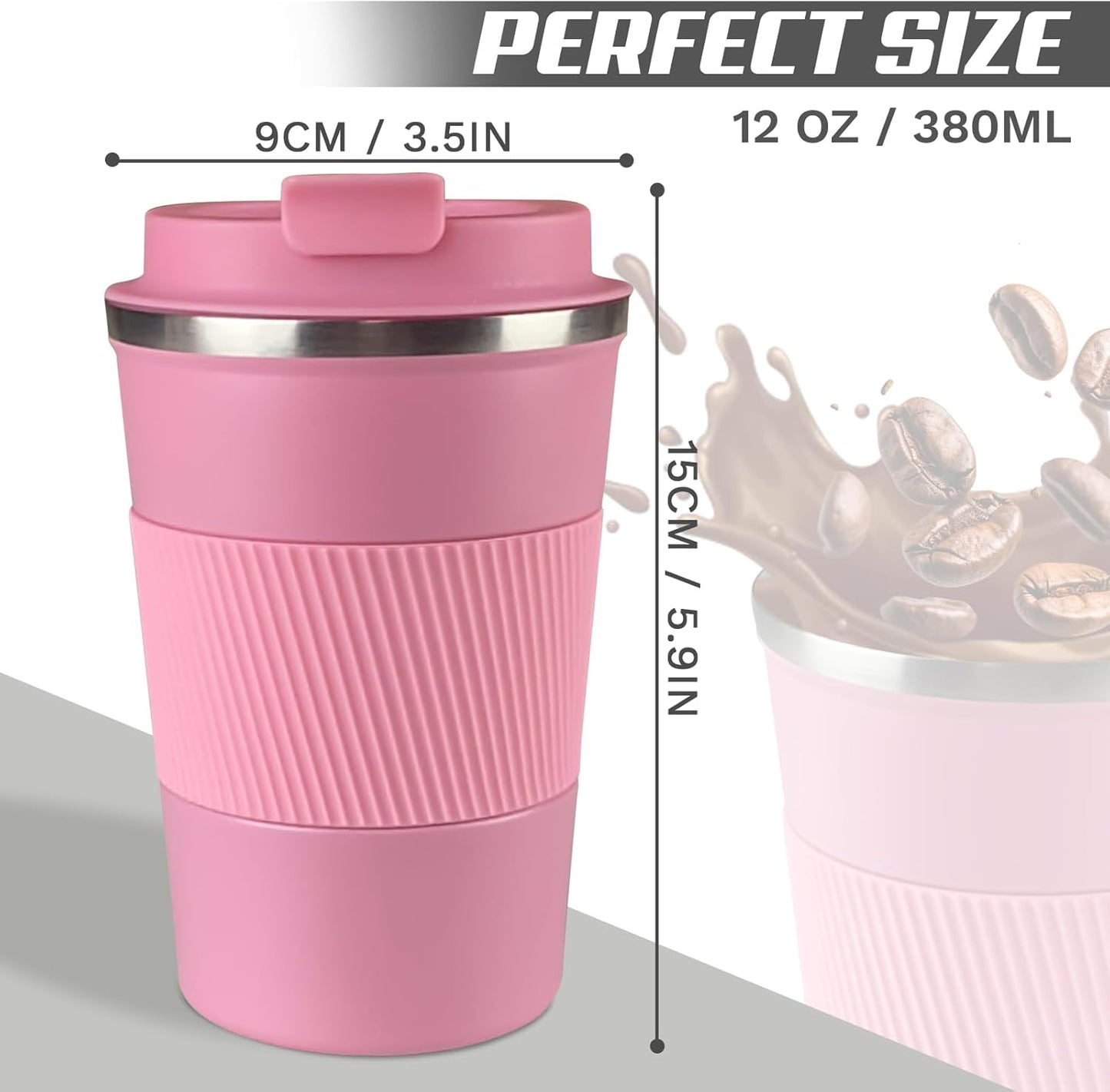Vacuum-Insulated Stainless Steel Travel Coffee Mug, Leak-Proof Reusable Coffee Cup with Lid - Keep Hot & Cold Drinks for Hours, Durable Thermos Tumbler for Men & Women (3rd-Pink, 12OZ)