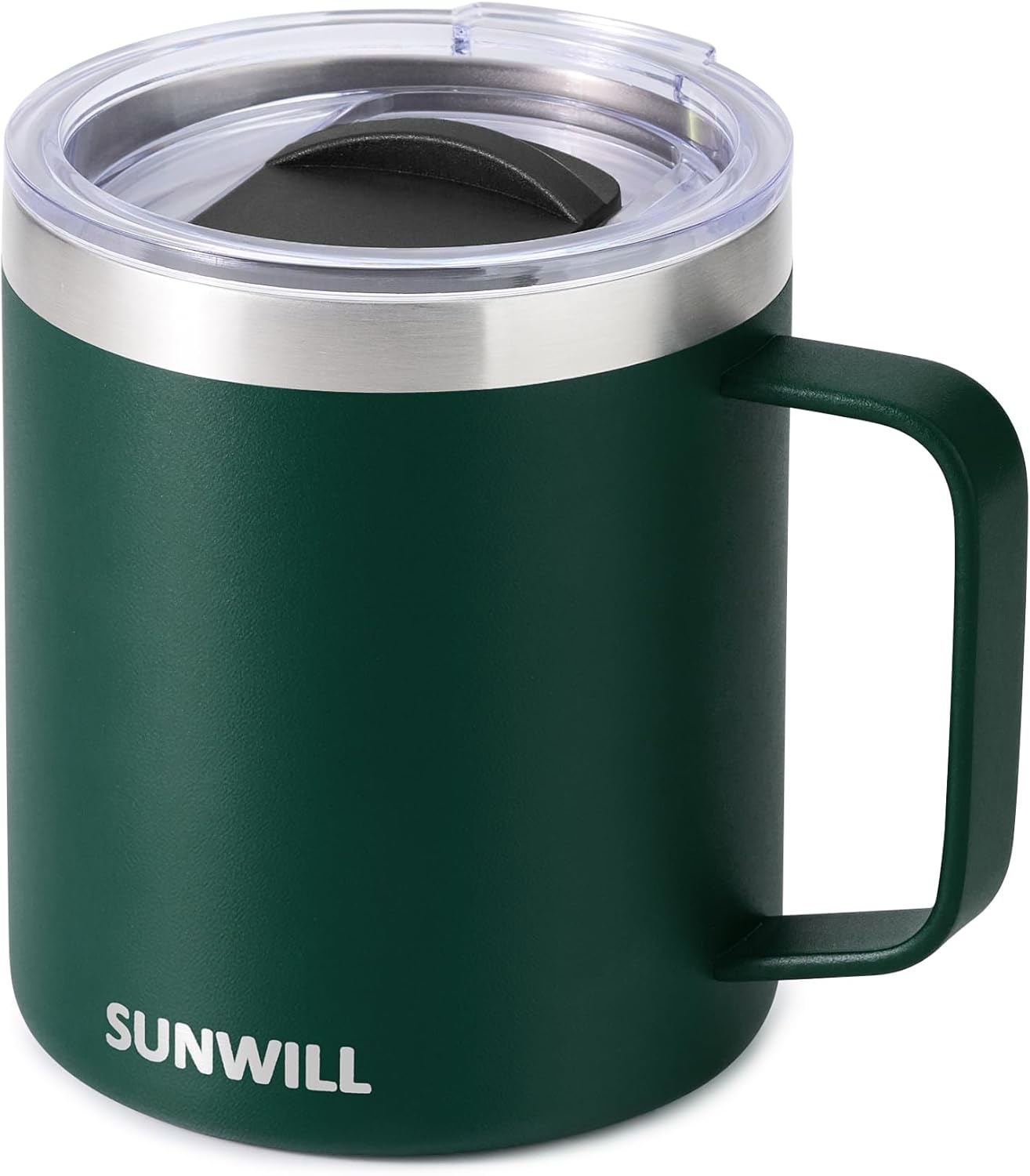 SUNWILL Travel Coffee Mug with Lid, Insulated Cup with Handle, 14 oz Stainless Steel Tumbler for Camping, Office, Outdoor, Powder Coated Forest Green