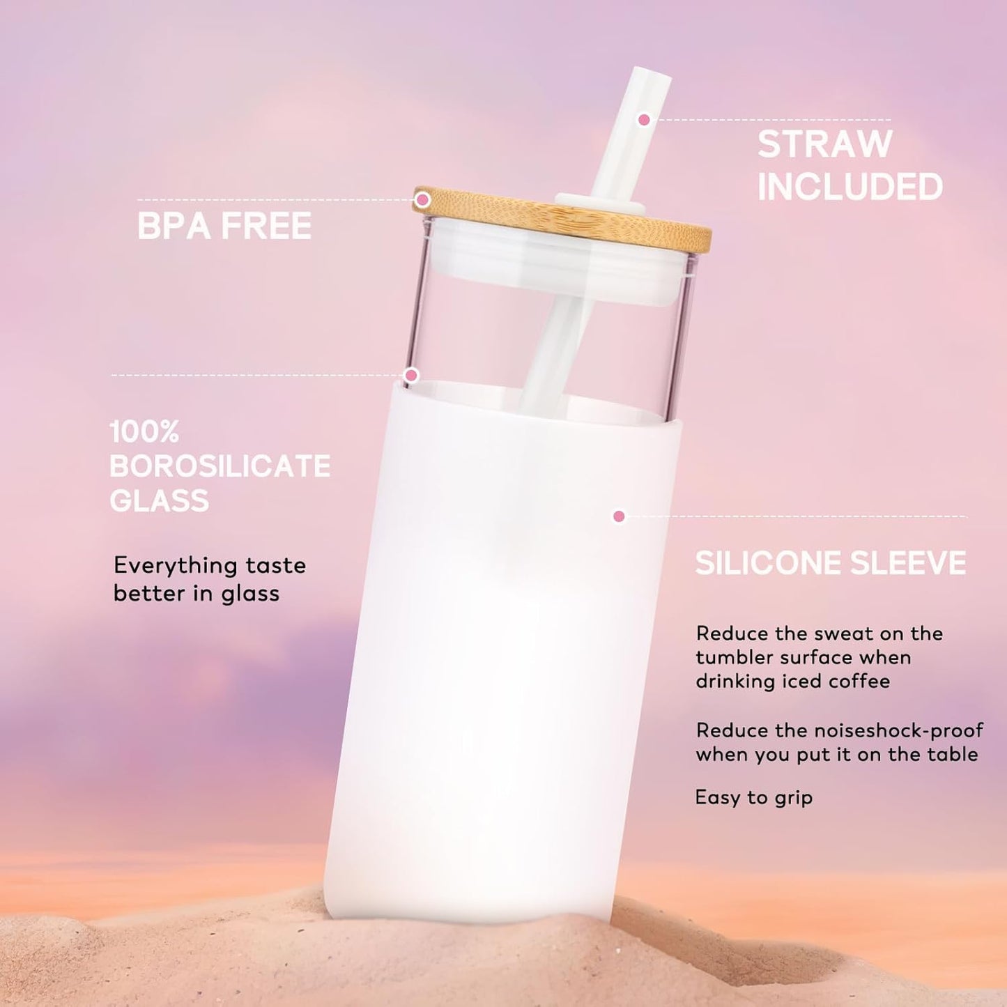 Tronco 20 oz Glass Tumbler Glass Water Bottle Straw Silicone Protective Sleeve Bamboo Lid - BPA Free (Terrazzo Blush)