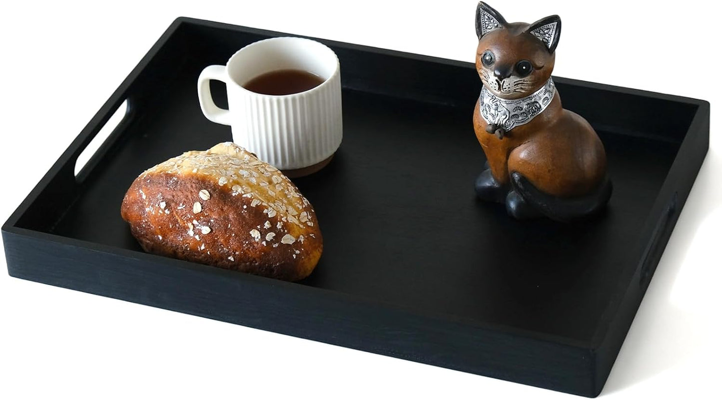 S310 Black Wood Serving Tray with Handles, 17 Inch Wooden Tray for Ottoman, Breakfast, Lunch, Dinner, Decorative Rectangular Tray for Living Room, Kitchen Counter, Outdoor