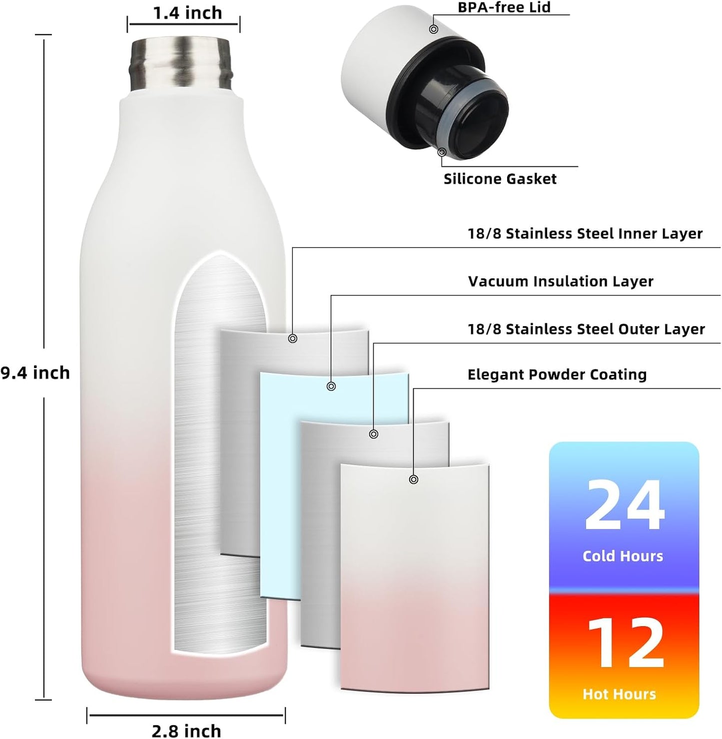 BJPKPK Insulated Water Bottles, 18 oz Stainless Steel Metal Water Bottle with Strap, BPA Free Leak Proof Thermos, Mugs, Flasks, Reusable Water Bottle for Sports & Travel, Graceful Pink