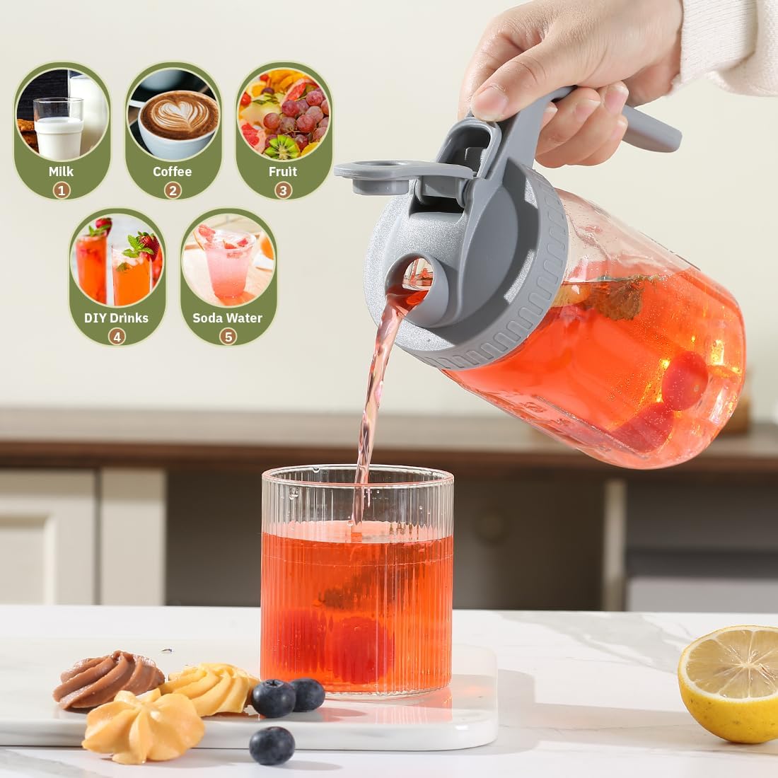 Glass Tea Pitcher with Wide Mouth Airtight Lid Leak Proof Fridge Container with Gray Lid Mason Jar for Water, Tea,Juice and Drinks (2 Pack-32OZ)