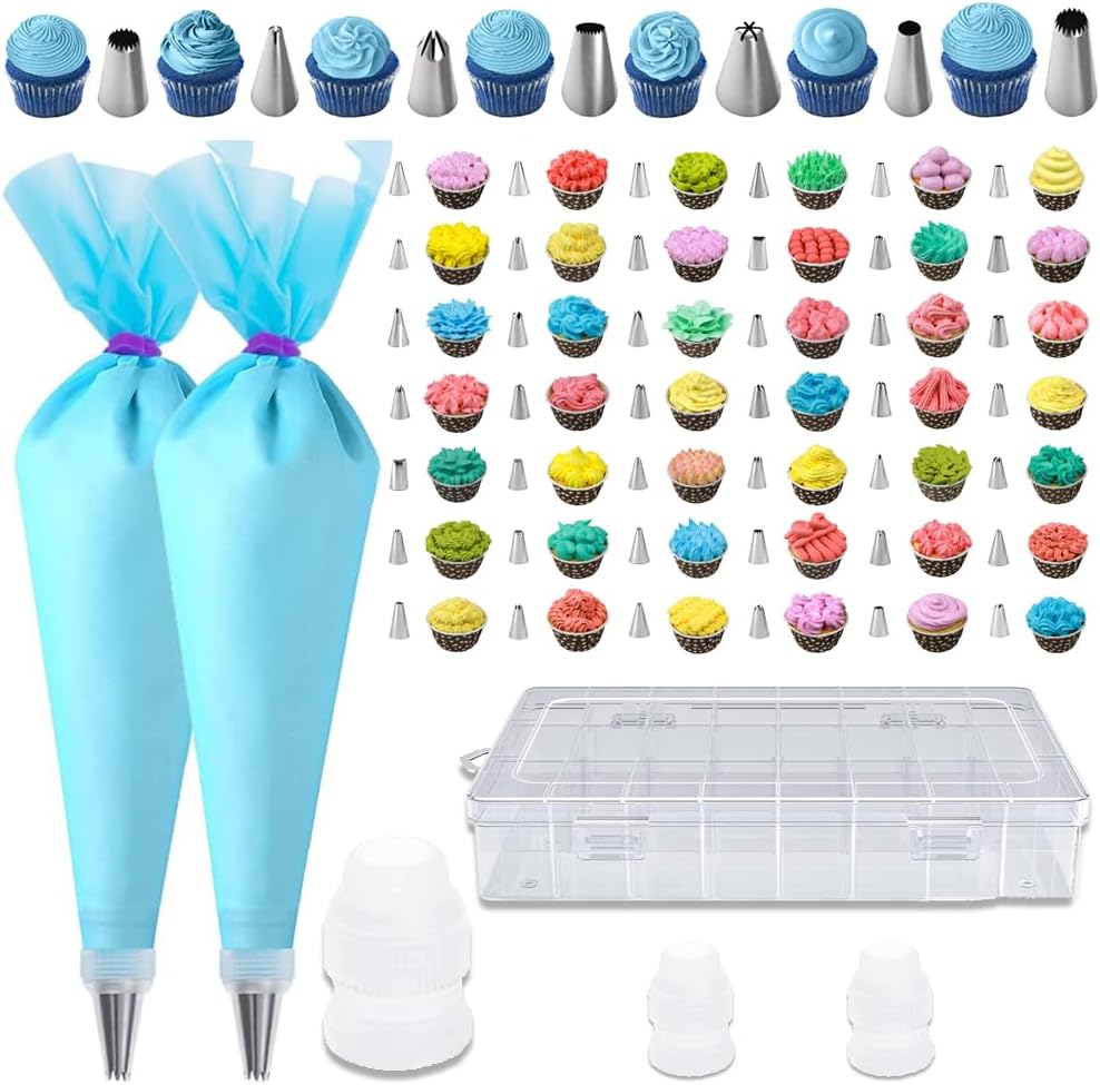 55PCS Piping Bags Tips Set Reusable Pastry Bags and Frosting Tips Cakes Decorating Kit for Cookie Icing, 2 Icing Bags, 49 Icing Tips, 3 Couplers, 1 Storage Box