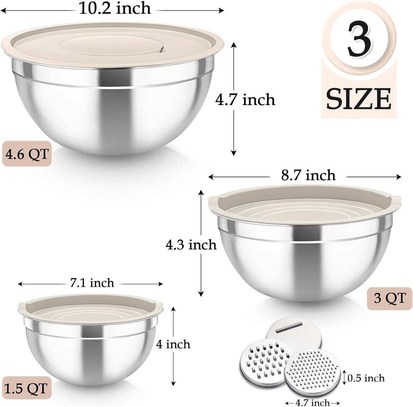 TeamFar Mixing Bowls, Stainless Steel Nesting Salad Bowls with Lids Set of 3 & 3 Grater Attachments, For Mixing/Serving/Storing, Non-toxic & Long-lasting, Size 4.6/3 / 1.5 QT, Khaki