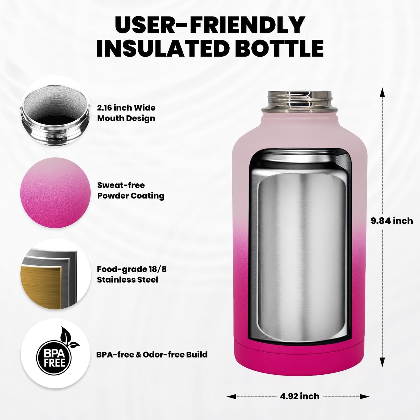 Insulated Water Bottle 64 oz, Triple Wall Vacuum Stainless Steel (Cold for 48 Hrs), Leak Proof & Non-BPA, Half Gallon Water Flask Jug with Paracord Handle & Straw Spout Lids, Ombre Pink