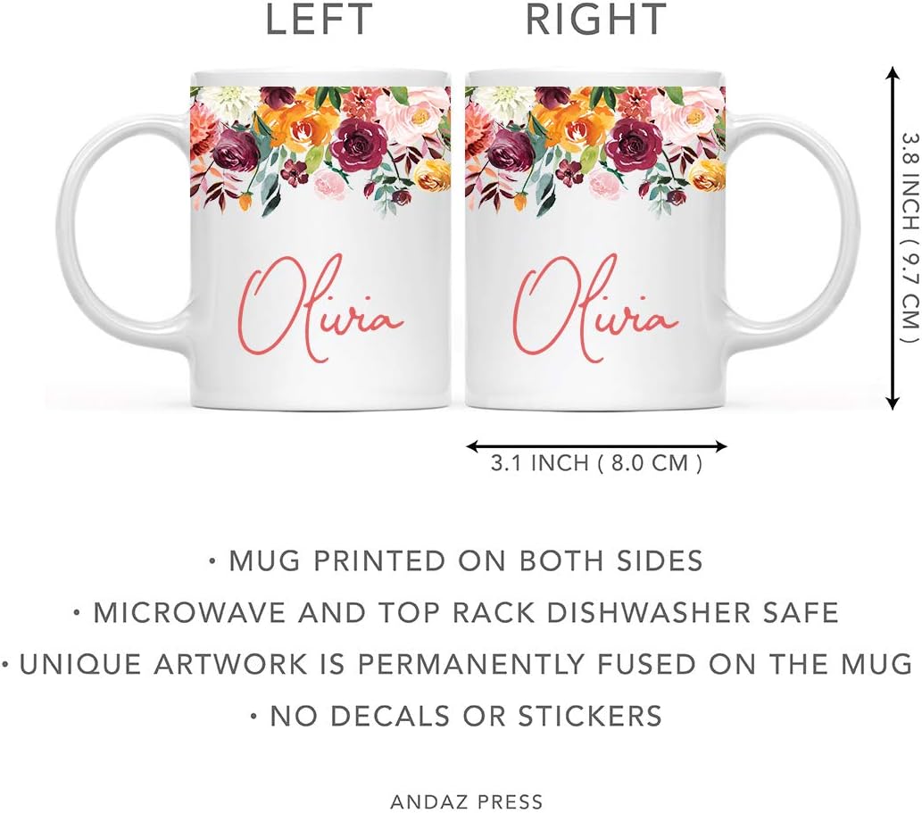 Andaz Press Personalized 11oz. Wedding Ceramic Coffee Tea Mug Bridesmaid Gift, Fall Autumn Burgundy Orange Peach Flowers Roses Florals, Olivia, 1-Pack, Includes Gift Box, Custom Name