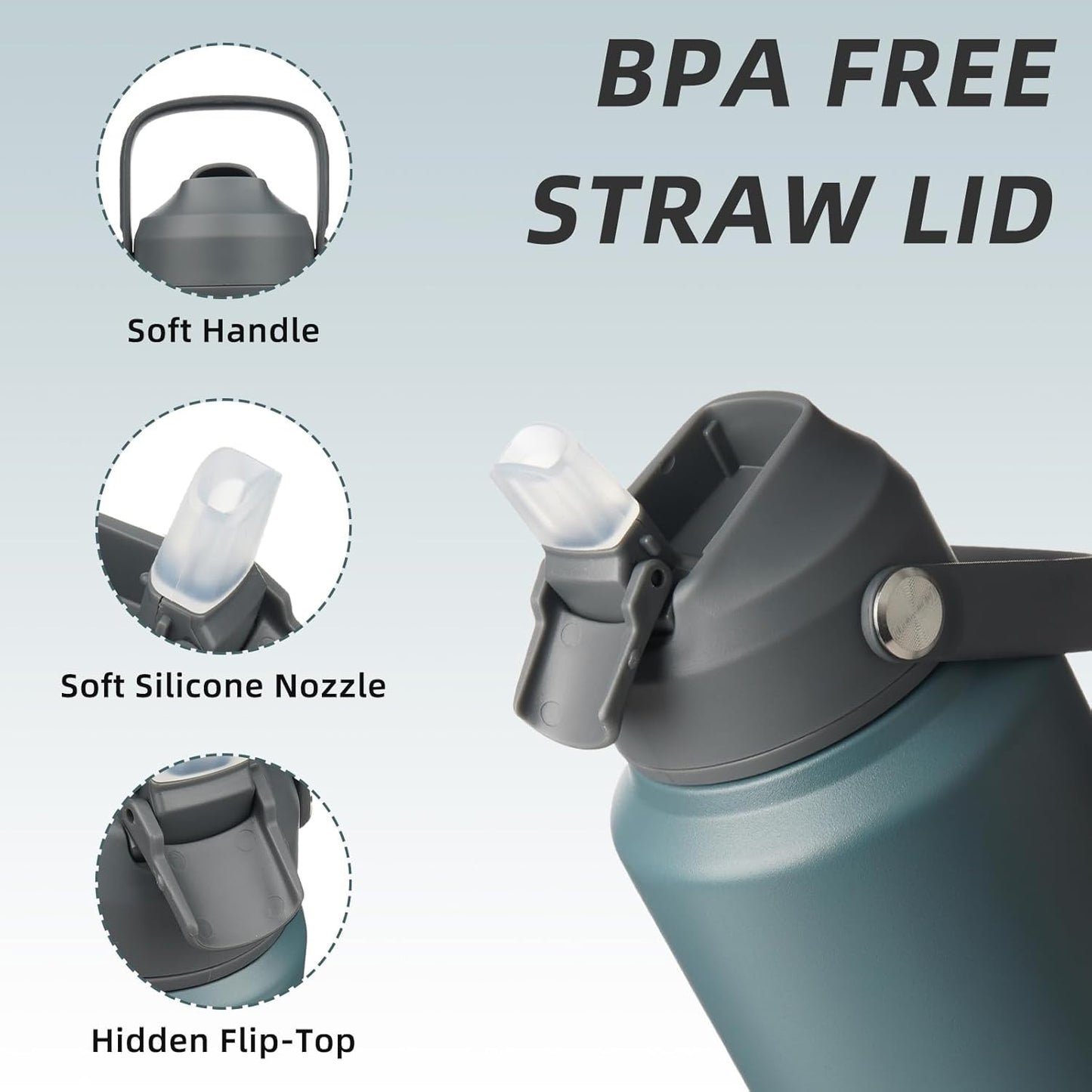 BJPKPK Insulated Water Bottle with Straw Lid, 40oz Large Thermos, BPA Free Leak Proof Stainless Steel Metal Water Bottles, Tumblers, Cups, Flasks for Travel, Sports, Grey