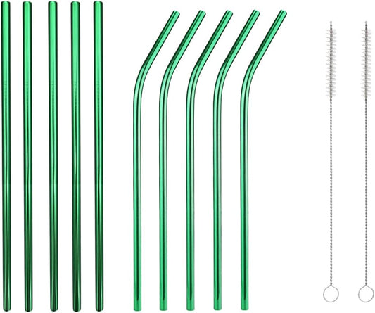 10 Pcs Stainless Steel Straws, Reusable Drinking Straws, 5 Straight + 5 Bent Metal Straws Set With 2 Pcs Cleaning Brushes (Green, 8.5 Inch)