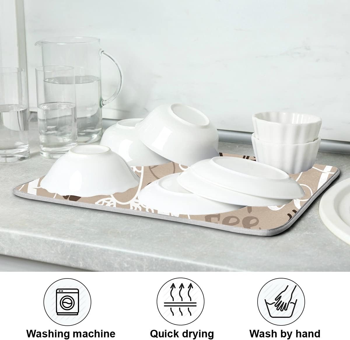 Brown Coffee Dish Drying Mat - 16 x 18 Inch Reversible Microfiber Kitchen Mat with High Absorbency