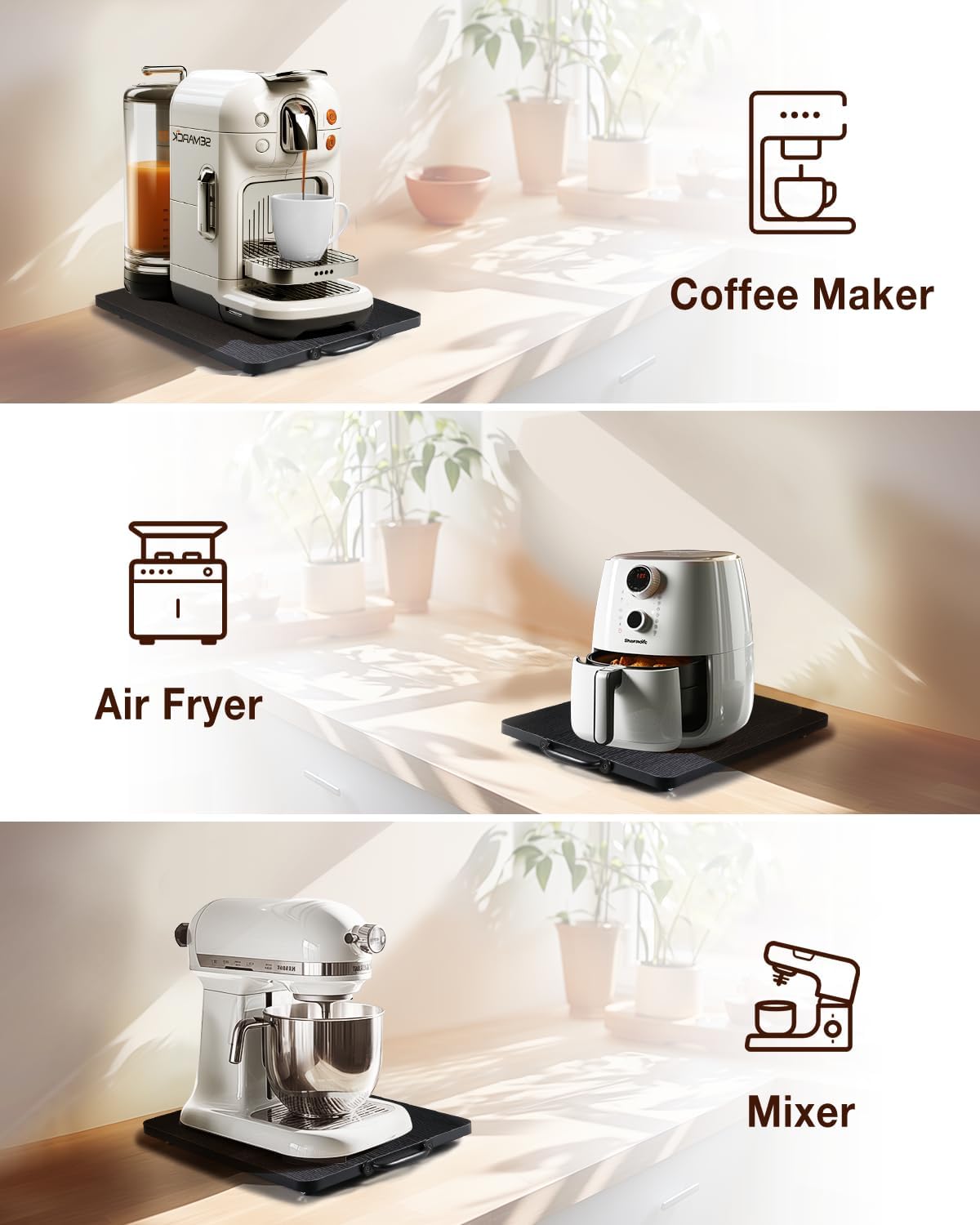 Appliance Slider, Sliding Tray for Coffee Maker, Coffee Pot Slider for Countertop, Kitchen Appliance Rolling Tray with Rubber Wheels,Medium - Long, Black (9.5” X 13”)