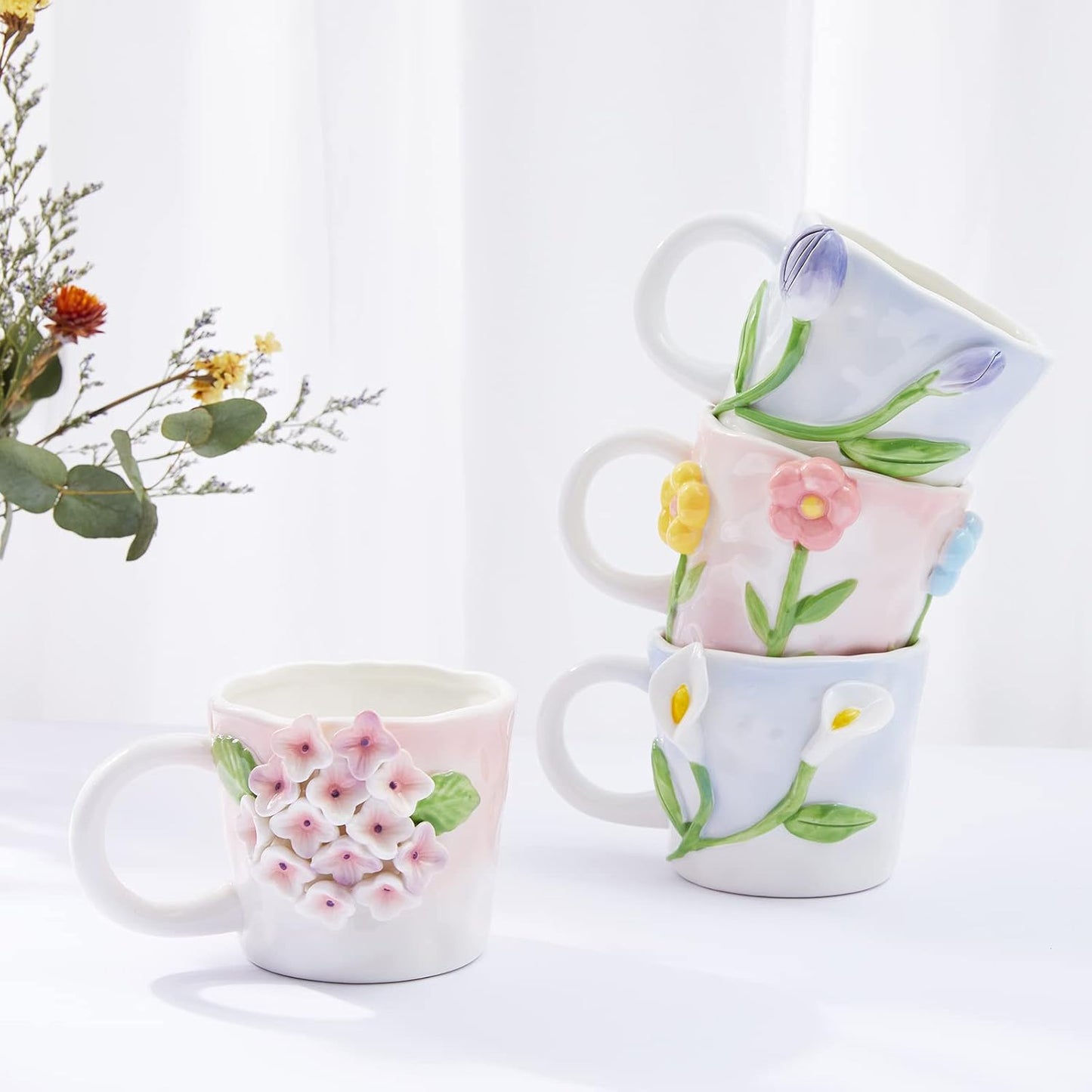 3D Flower Coffee Mug Lily of the Valley Ceramic Cup,12 oz Cute Handmade Mugs,Christmas Birthday Surprise for Friends Family or Flower Lovers (Pink Lily of the Valley)