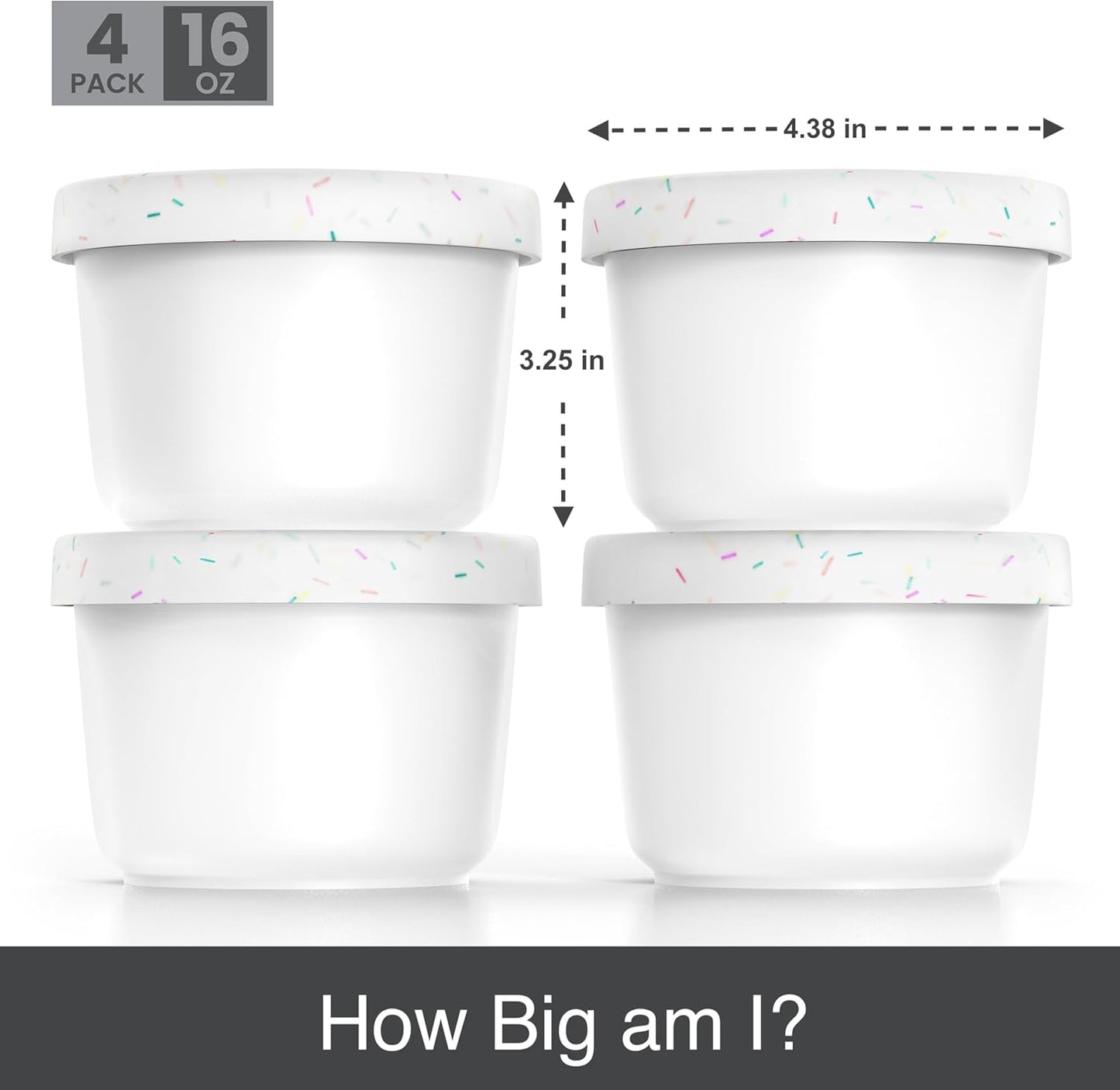 BALCI - 16oz Ice Cream Containers with Silicone Lids (Set of 4) - 1 Pint Each Freezer Food Storage Containers, Reusable, LeakProof, For Homemade IceCream Containers - White with Sprinkles