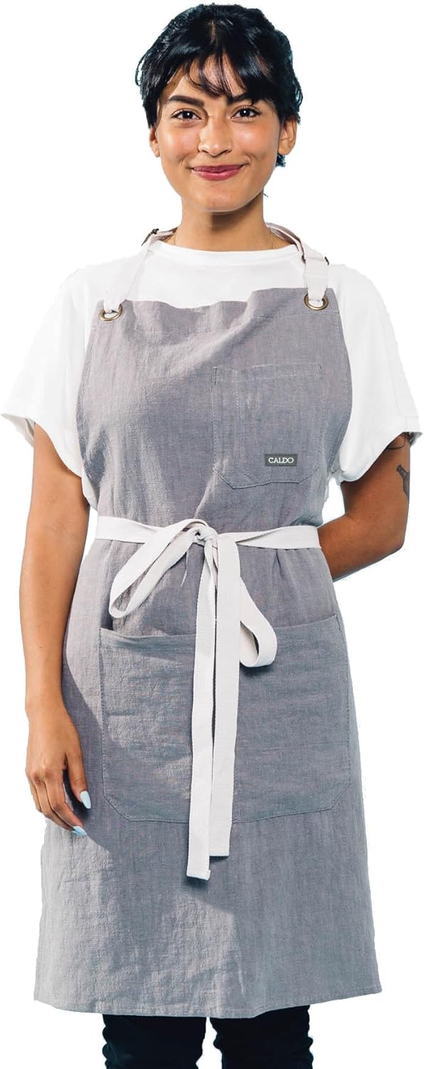 Caldo Linen Kitchen Apron for Cooking - Mens and Womens Linen Bib Apron for Professional Chef, Server, or Barista - Adjustable with Pockets (Grey)