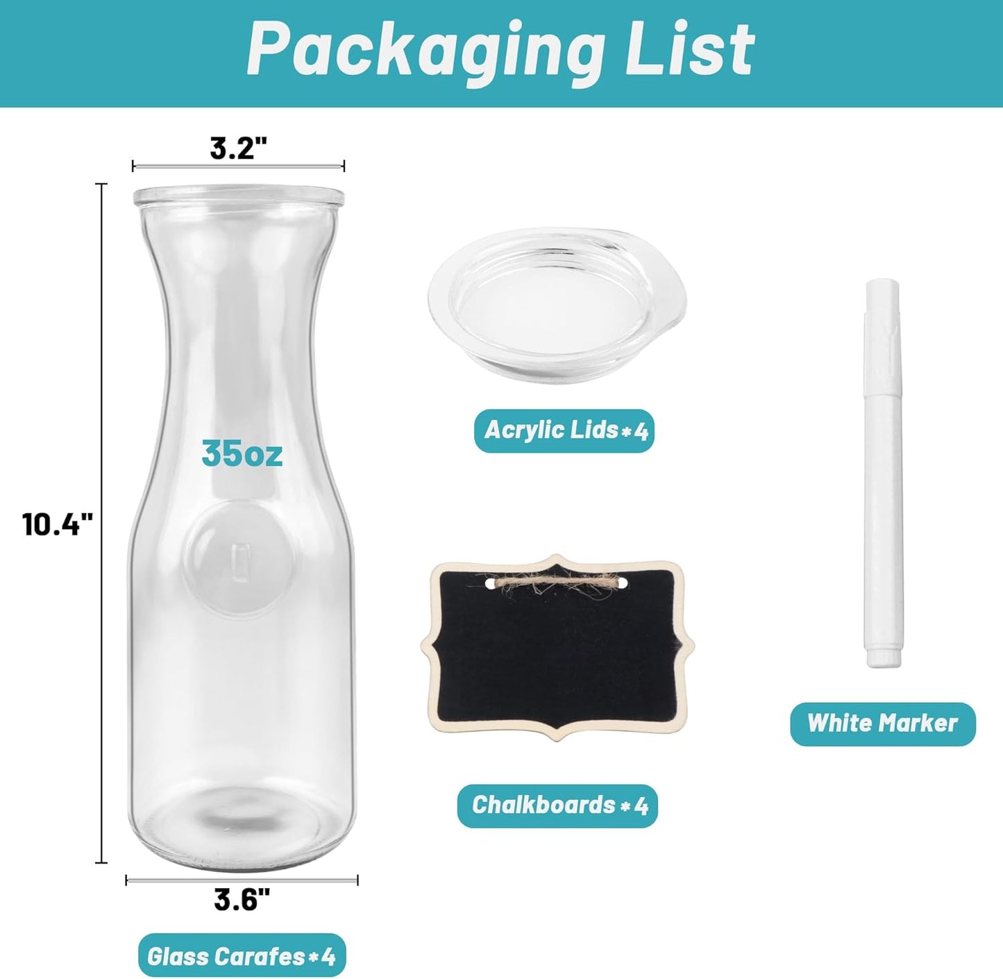 Glass Carafe with Acrylic Lid,35 Oz Beverage Dispensers Carafe,Mimosa Bar Supplies,Clear Glass Pitcher with Name Labels for Iced Tea,Coffee,Juice(Set of 4)