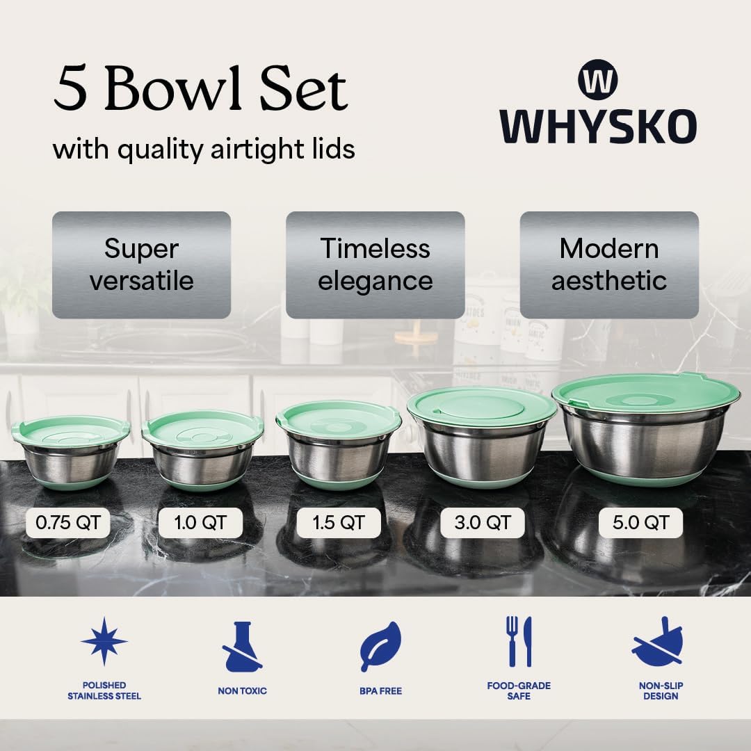 WHYSKO Stainless Steel Mixing Bowls with Lids Set - 5 Rustproof Metal Nesting Mixing Bowls for Kitchen, Meal Prep, Baking, Cooking, Storage - Includes 3 Grater Attachments, Dishwasher Safe