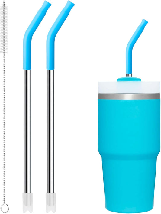 Snowfall 2 Pcs Replacement Metal Straws for Stanley 14, 20 OZ Tumbler, Stainless Steel Straws with Silicone Tip for 20 OZ Tumbler, Straw Brush (Sky Blue)