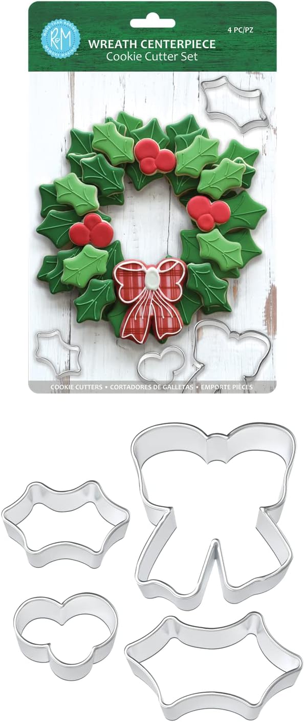 R&M International 2030 Christmas Holiday Wreath Centerpiece Cookie Cutters, Holly Leaves, Berries, Holiday Bow, 4-Piece Set