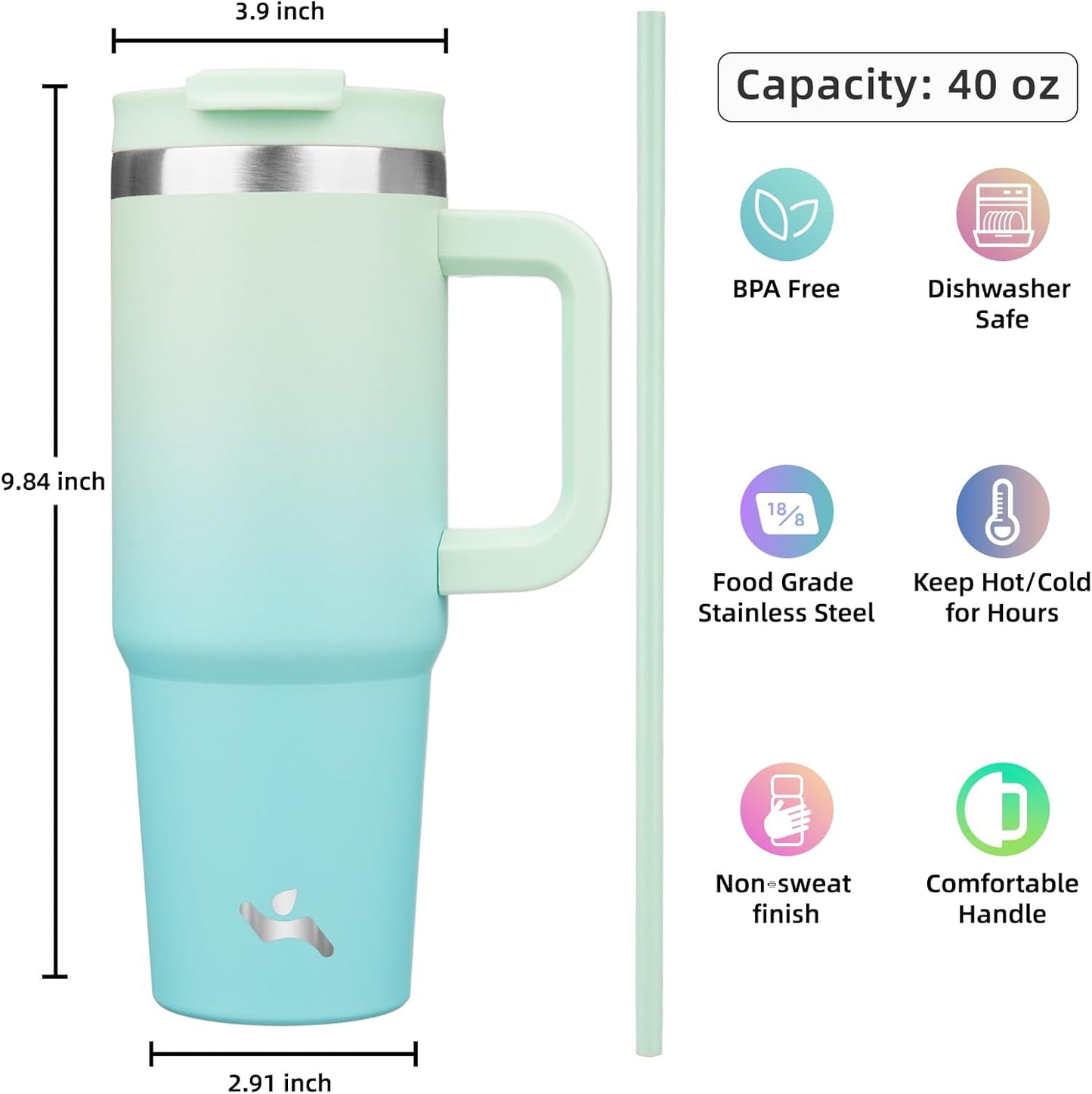 40 oz Tumbler with Handle and 2 Straws,2 in 1 Lid Insulated Water Bottle Stainless Steel Travel Coffee Mug,Mint