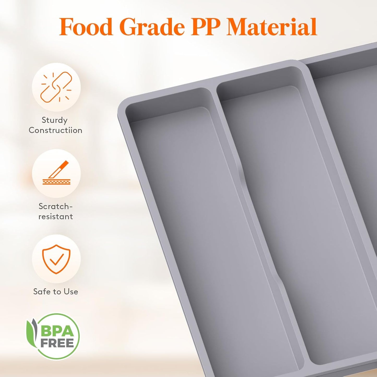 Lifewit Utensil Drawer Organizer, Expandable Cooking Silverware Tray for Kitchen Drawer, Adjustable Cutlery Flatware Holder, Plastic Spatula Tools and Gadgets Storage Divider, 3 Compartments, Gray