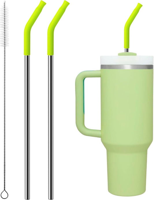 2 Pcs Stainless Steel Straws for 40 oz Stanley Tumbler, Replacement 40 oz Stanley Cup Straw Accessories with Silicone Tips and Cleaning Brush (Apple Green)