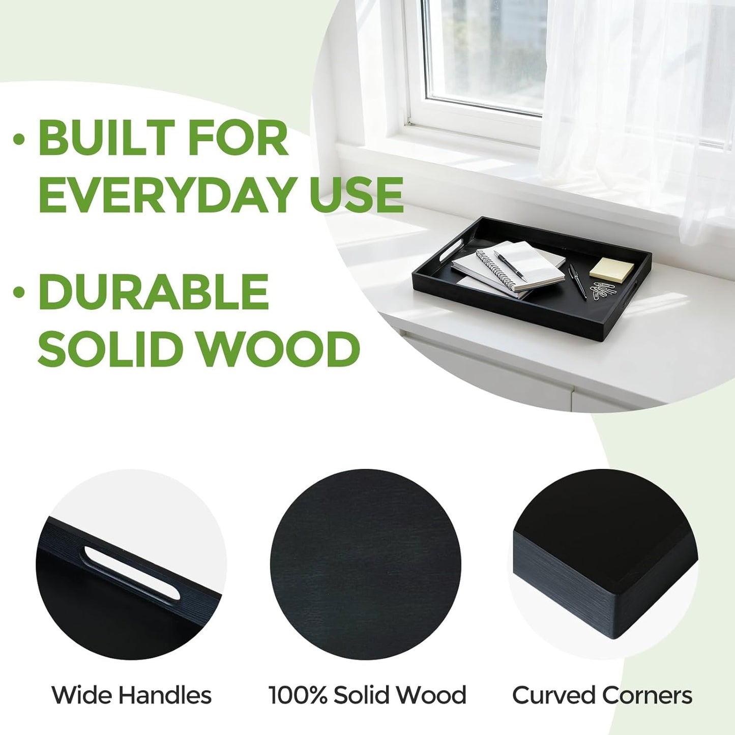 S310 Black Wood Serving Tray with Handles, 17 Inch Wooden Tray for Ottoman, Breakfast, Lunch, Dinner, Decorative Rectangular Tray for Living Room, Kitchen Counter, Outdoor