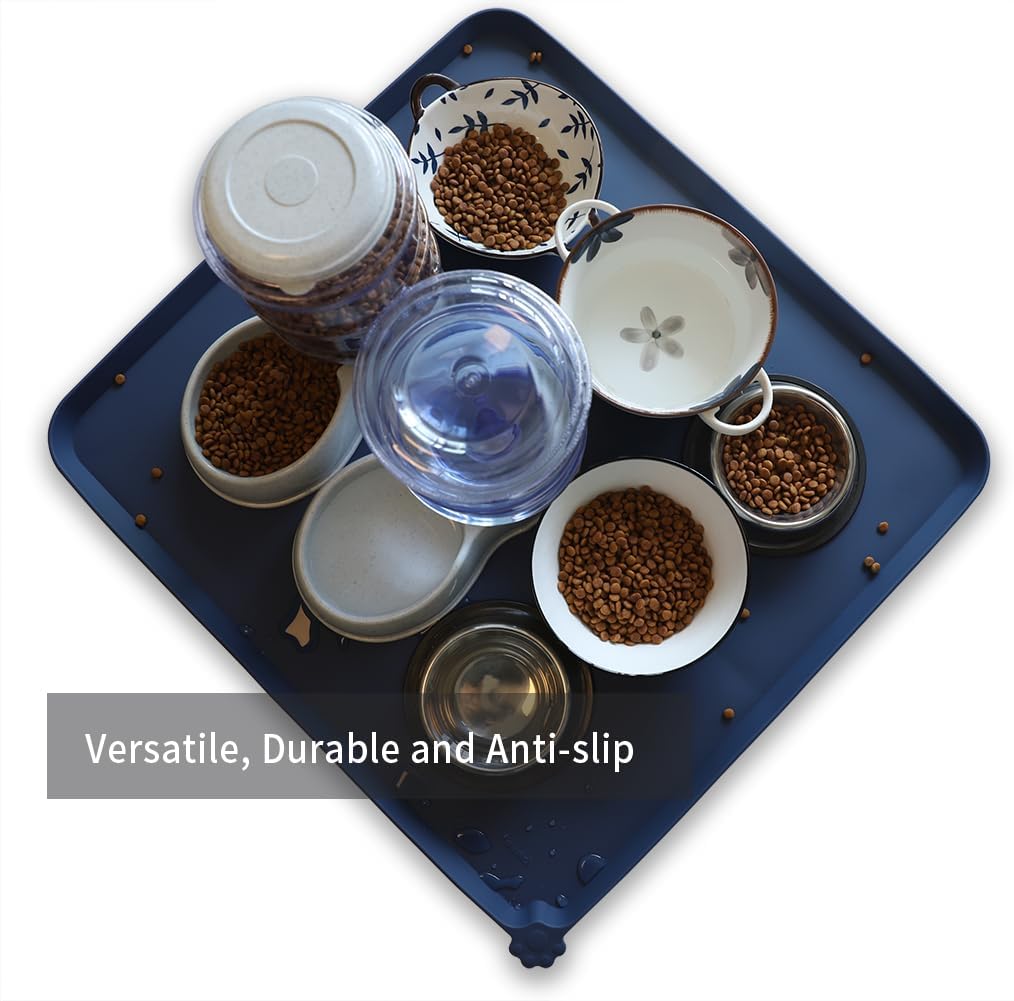 Hoki Found XX-Large Silicone Pet Food Mats - Non-Slip Dog & Cat Bowl Placemats - Waterproof Feeding Mats - Ink Indigo