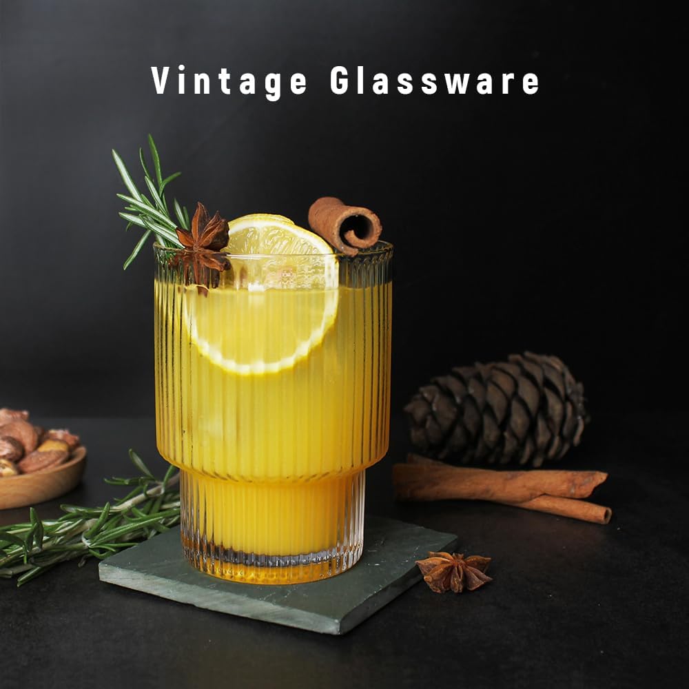 Ribbed Glassware Set of 2, 11oz Clear-Short Origami Style Drinking Glass Cup, Iced Coffee, Cocktail, Beer, Juice Drinking Glasses