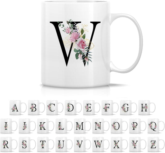 Retreez Initial A-Z Floral Botanical Bouquet Alphabet Monogrammed Monogram Mug 11 Oz Ceramic Tea Coffee Mugs - Appreciation Thank You Wedding Birthday Gifts for her friend coworker sister - W Initial