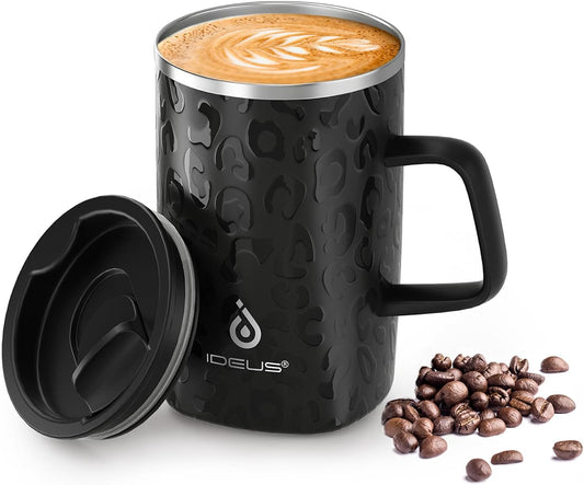 Ideus Vacuum Insulated Coffee Mug, 16oz Reusable Stainless Steel Thermal Double Walled cup with Handle and Slider Lid for Hot & Cold Beverages, BPA Free (Leapord Black)