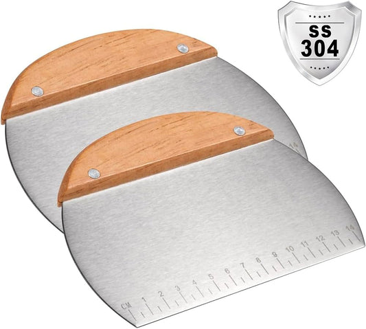 Kichwit 2 Pack 304 Stainless Steel Grill Scrapers with Wood Handle, Dough Scraper, Cake & Pizza Cutter, Multi-Purpose Scraper Tool for Kitchen