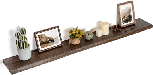 Floating Shelves for Wall Decor, Rustic Solid Elm Wood Live Edge Floating Shelves Wall Mounted, Wall Shelves with Invisible Bracket for Living Room Bathroom Bedroom Kitchen, 55 Inch, Walnut