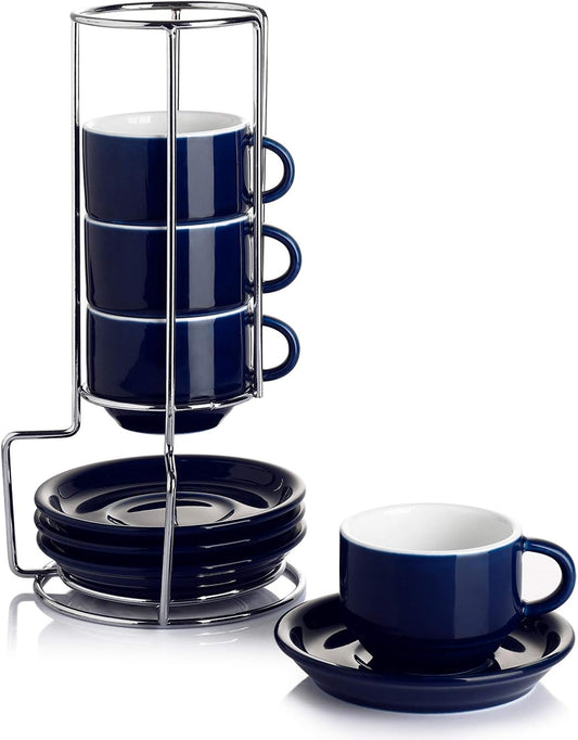 Sweese 4 Ounce Porcelain Stackable Espresso Cups with Saucers and Metal Stand Set of 4, Navy