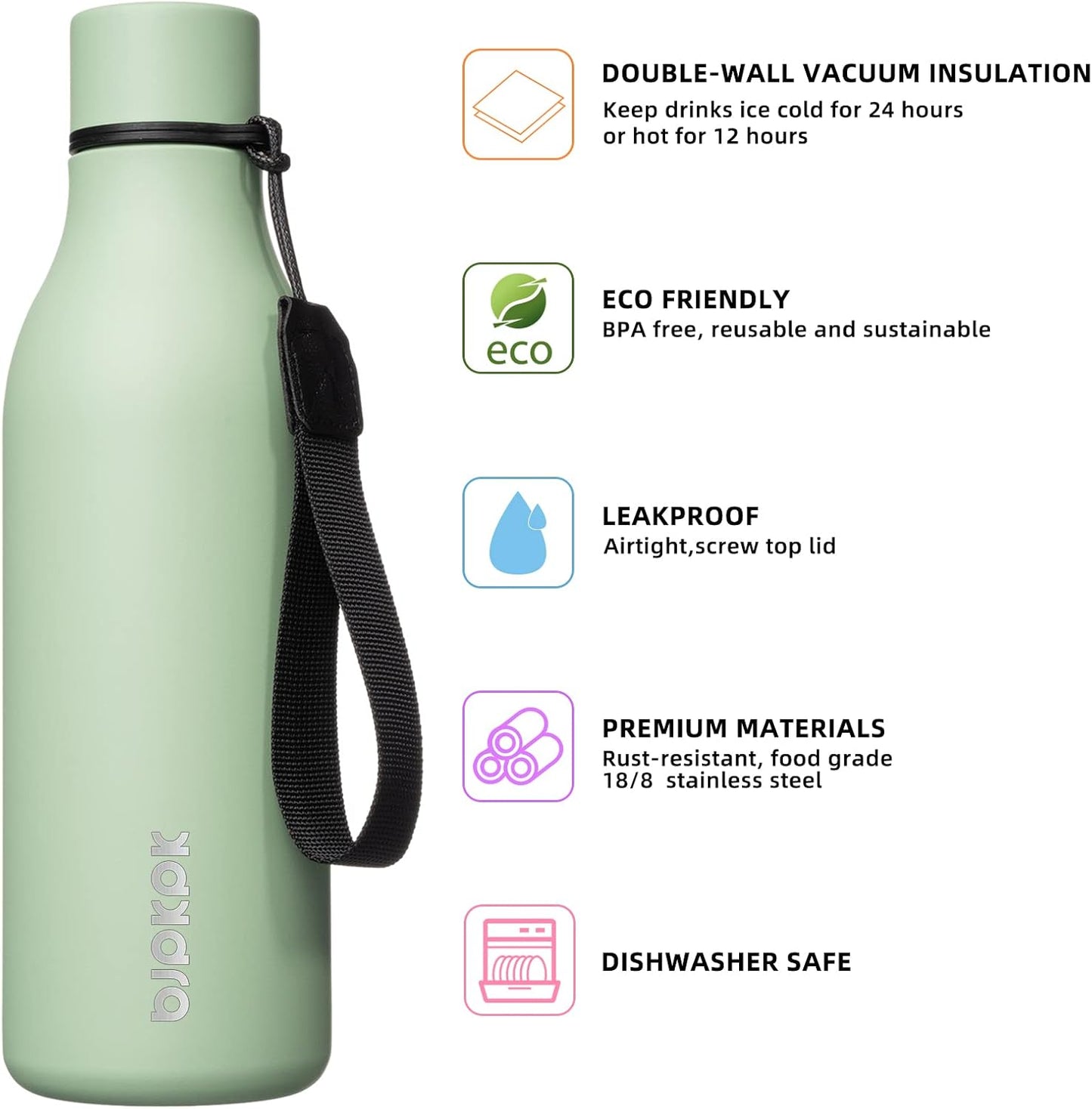 BJPKPK Insulated Water Bottles, 18 oz Stainless Steel Metal Water Bottle with Strap, BPA Free Leak Proof Thermos, Mugs, Flasks, Reusable Water Bottle for Sports & Travel, Macaron Green